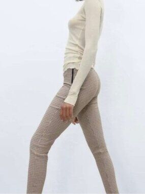 NWT Zara High Rise Plaid Tan Brown Skinny Legging Pants